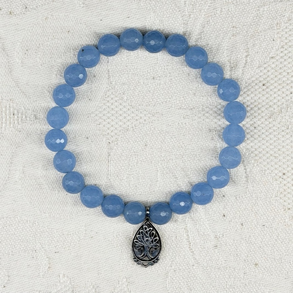 Satya Bracelet Blue Chalcedony Sterling Silver Tree of Life Charm Beaded Stretch